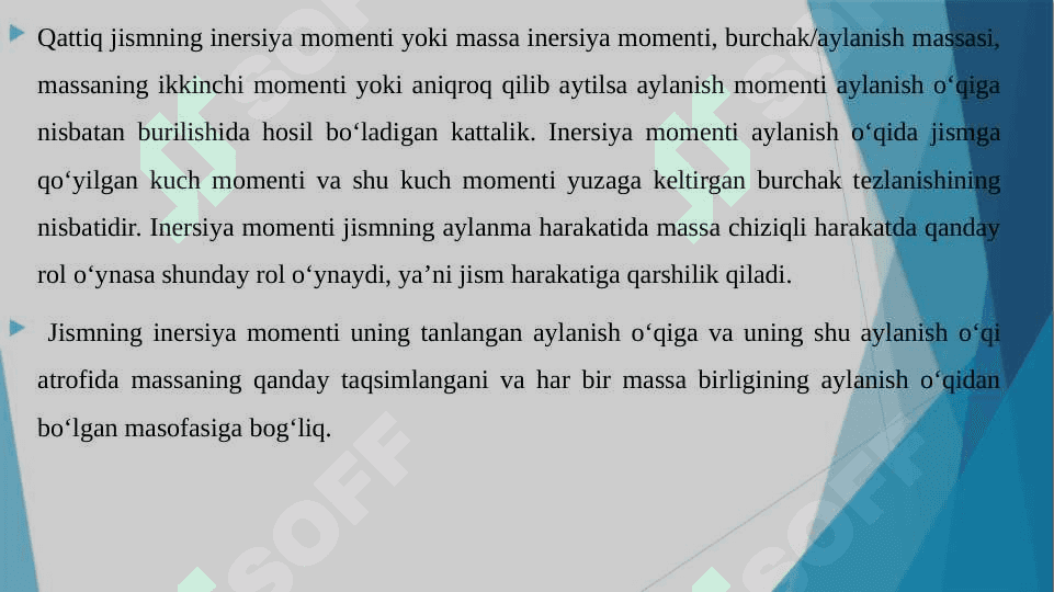 QATTIQ JISMNING INERTSIYA MOMENTLARI (O’QQA NISBATAN VA ARALASHINERTSIYA TEZROQ. INERTSIYA BOSH O’QLARI, JISMNING BOSH INERTSIYA MOMENTLARI 3