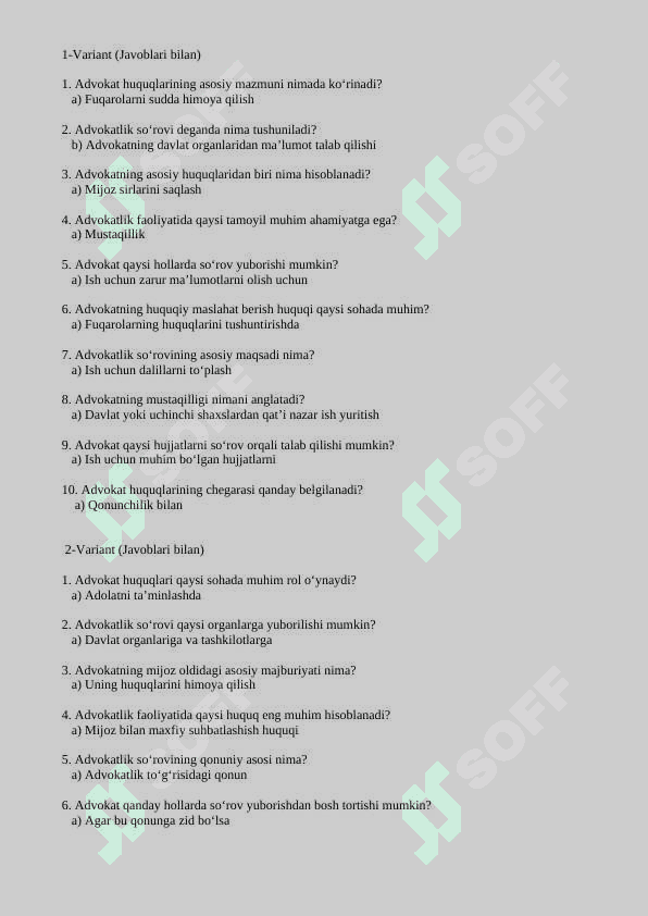 Advokat huquqlarining mazmun-mohiyati va advokatlik so‘rovi  test savollari 4