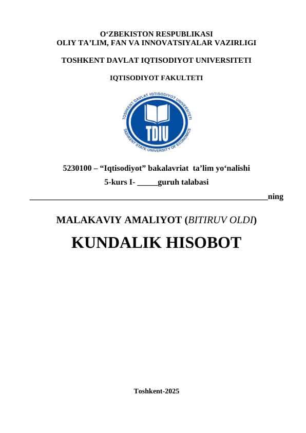 Bekobod shahar Iqtisodiyot va Moliya bo‘limi MALAKAVIY AMALIYOT