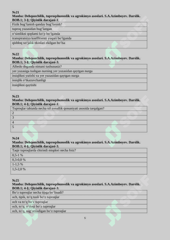 Dehqonchilik va melioratsiya test 5