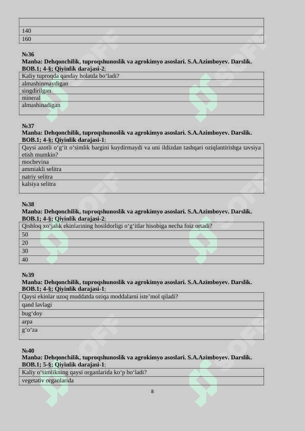 Dehqonchilik va melioratsiya test 8