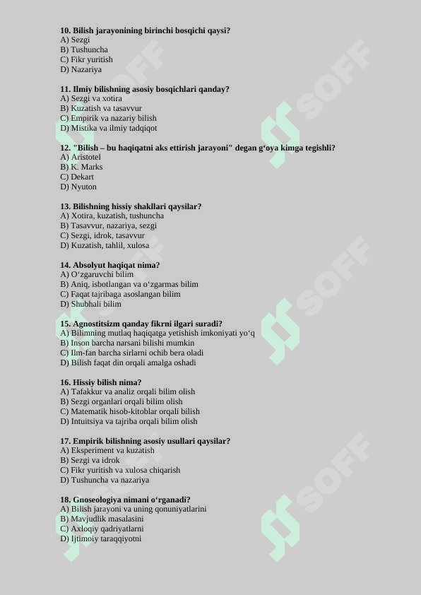 Bilish falsafasi mavzusida 20 talik test javoblari bilan 2