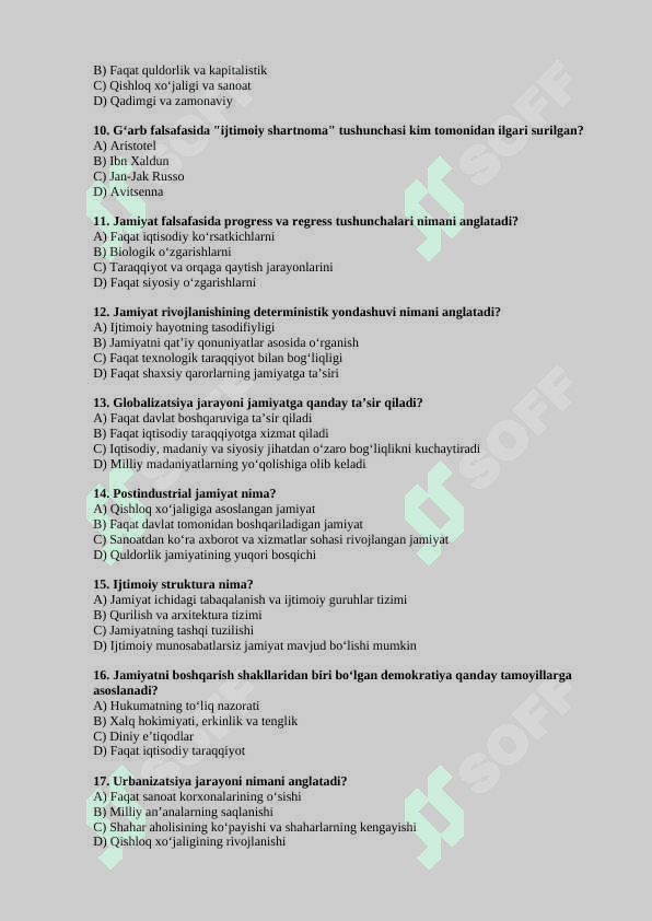 Jamiyat falsafasi mavzusida 20 talik test javoblari bilan 2