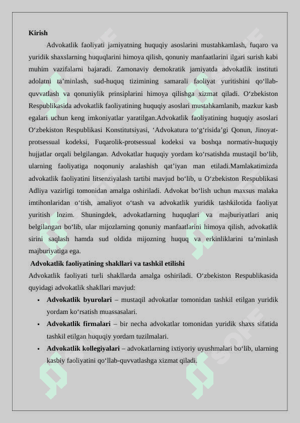 Advokatlik faoliyatining tashkiliy-huquqiy shakllari va ularning o‘ziga xos xususiyatlari. 2