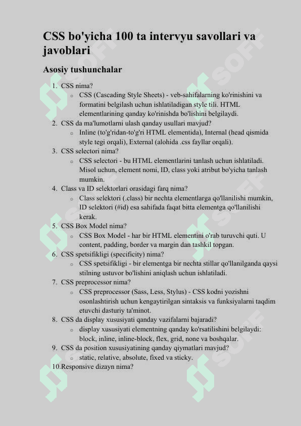CSS dan interview savollari javoblari bilan 2