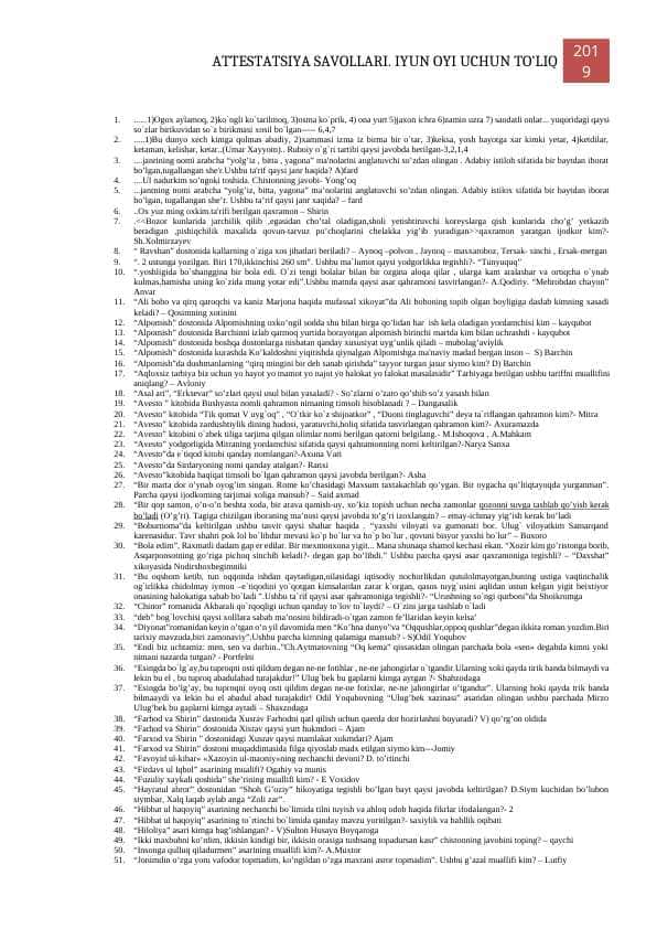 Adabiyot Attestatsiya savollari va javoblari