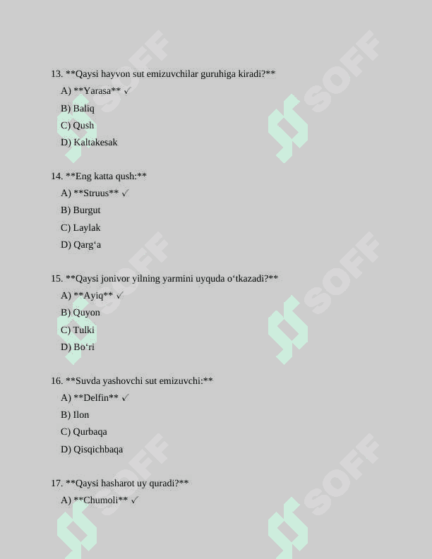 5 sinf Biologiya fanidan mavzulashtirilgan test 4