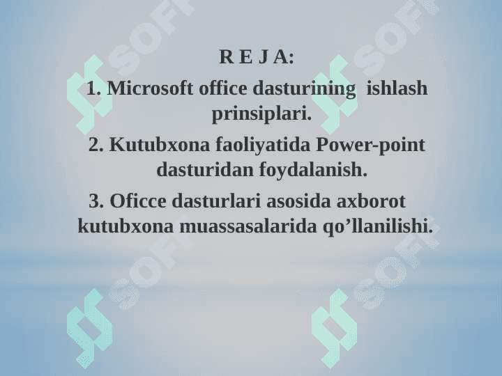 Kutubxona faoliyatida amaliy dasturiy vositalardan foydalanish. Elektron hujjatlarni yaratishda tegishli dasturiy vositalardan foydalanish. Microsoft office, Power-Point,  Excel dasturiy ta’minotlari 2
