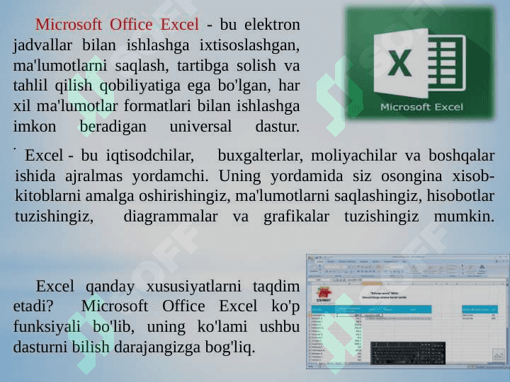 Kutubxona faoliyatida amaliy dasturiy vositalardan foydalanish. Elektron hujjatlarni yaratishda tegishli dasturiy vositalardan foydalanish. Microsoft office, Power-Point,  Excel dasturiy ta’minotlari 7