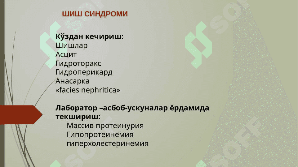 Buyrak kasalligi bo’lgan bemorlarda shish va AG patogenezi. Buyrak yetishmovchiligining laborator ko’rsatkichlari (Umimiy siydik tahlili, qon tahlili, bioximik qon tahlili)Buyrak kasalligi bo’lgan bemorlarda shish va AG patogenezi. Buyrak yetishmovchiligining laborator ko’rsatkichlari (Umimiy siydik tahlili, qon tahlili, bioximik qon tahlili) 3