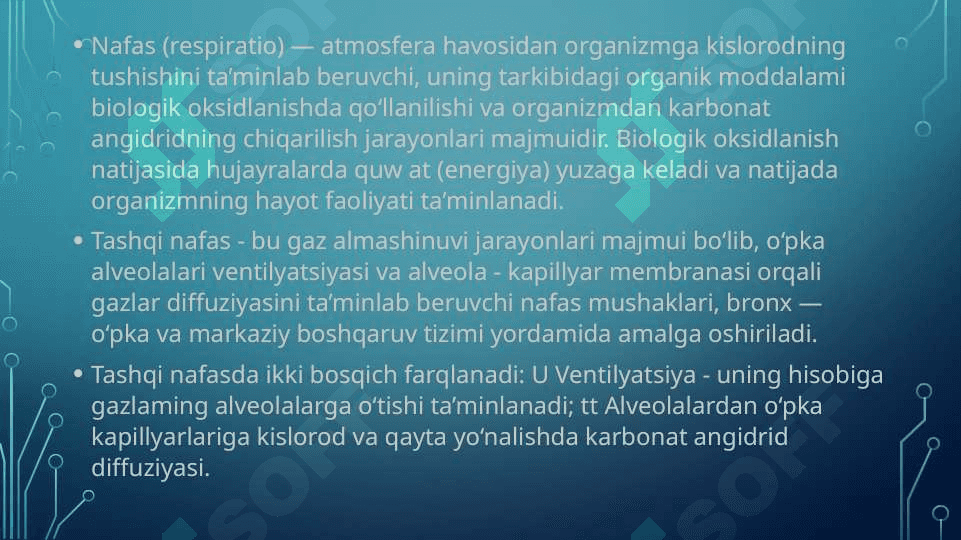 Nafas olish tizimining anatomik va fiziologik xususiyatlari.Norma va patalogiyada nafas olishNafas olish tizimining anatomik va fiziologik xususiyatlari.Norma va patalogiyada nafas olish 3