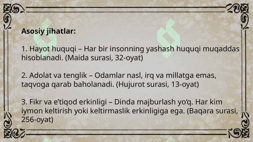 Islomda inson huquq va erkinliklarini taʼminlashning o‘ziga xos jihatlari mavzusi asosida 10 ta kazus savollari 3