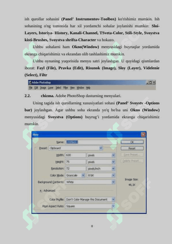 Adobe Photoshop dasturning oynalari bilan ishlash 8