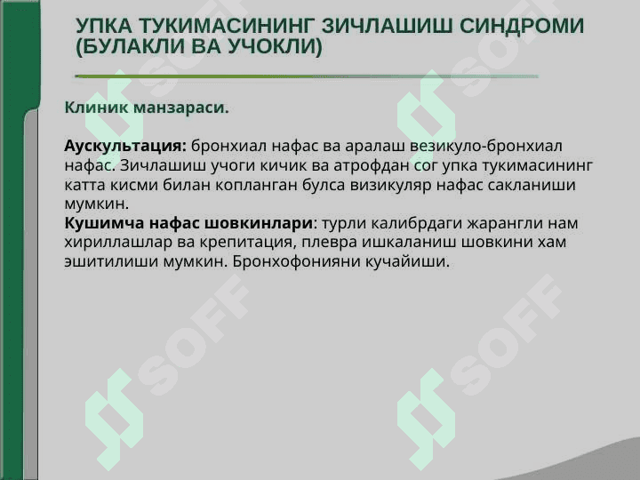 NAFAS OLISH ORGANI KASALLIKLARINING ASOSIY KLINIK SINDROMLARI. O`PKA TO`QIMASINING ZICHLASHISH SINDROMI. PLEVRA BO`SHLIG`IGA HAVO VA SUYUQLIK TO`PLANISH SINDROMI, O`PKADA BO`SHLIQ HOSIL BO`LISH SINDROMI. 6