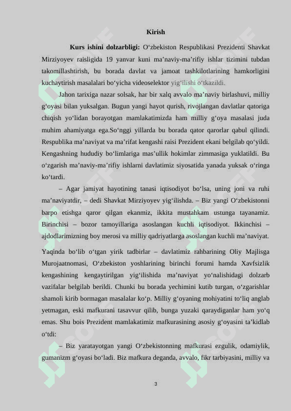 O‘ZBEKISTON RESPUBLIKASI PREZIDENTI SH.M.MIRZIYOYEVNING MA’NAVIY YETUK SHAXSNI TARBIYALASHDA TARIXIY XOTIRANING O‘RNI VA SABOQLARI TO‘G‘RISIDAGI FIKRLARI 3