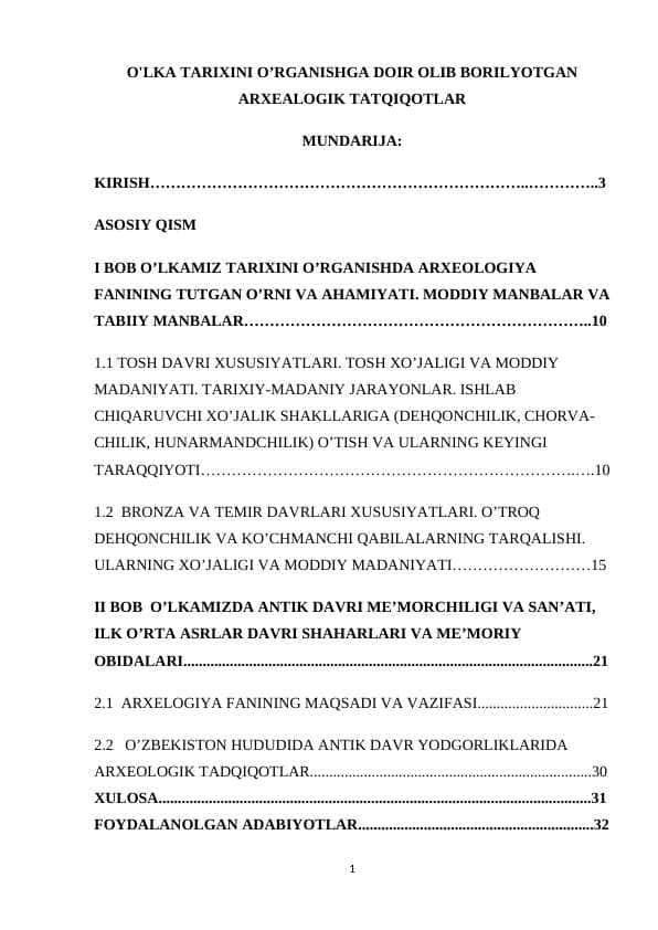 O'LKA TARIXINI O’RGANISHGA DOIR OLIB BORILYOTGAN ARXEALOGIK TATQIQOTLAR