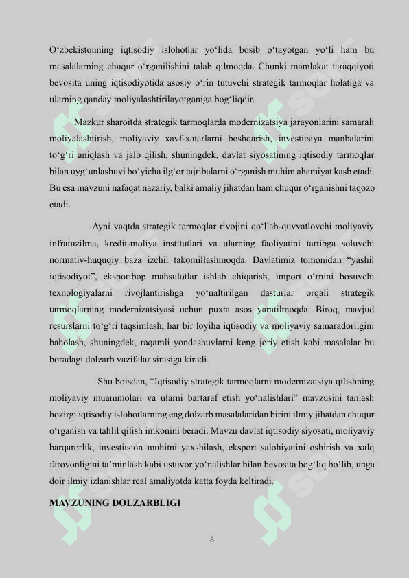 “Iqtisodiy strategik tarmoqlarni modernizatsiya qilishning moliyaviy muammolari va ularni bartaraf etish yo‘nalishlari” 8