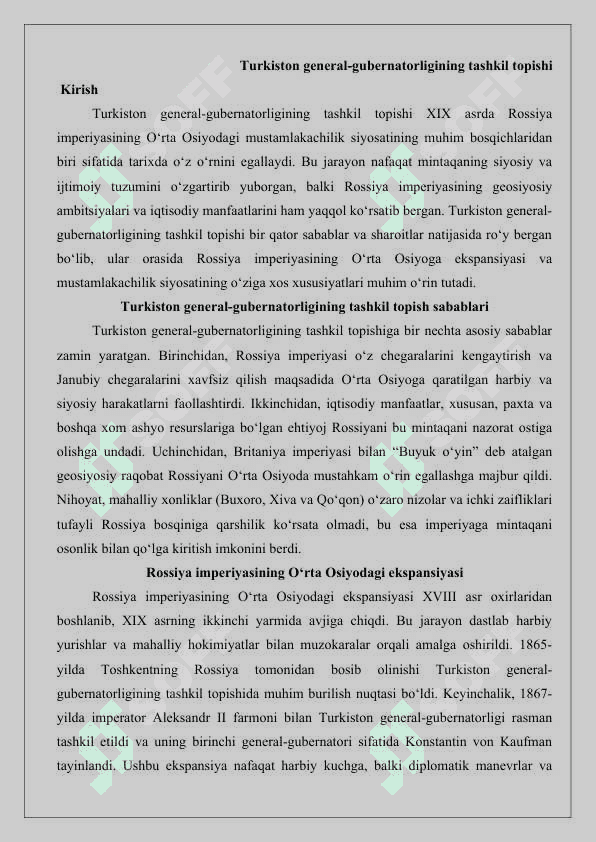 Turkiston general-gubernatorligining tashkil topishi 25 k 2