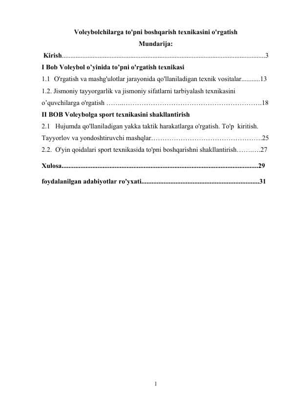 Voleybolchilarga to'pni boshqarish texnikasini o'rgatish