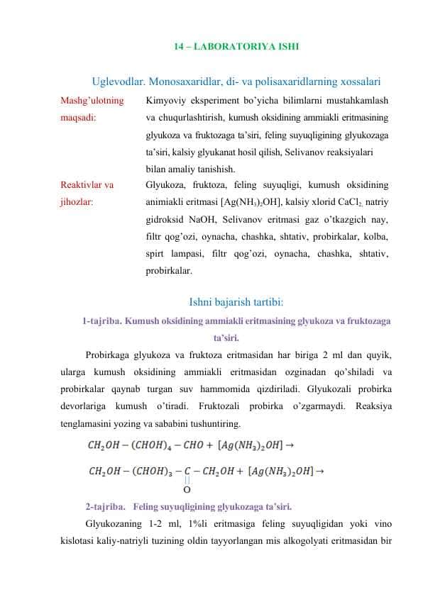 Uglevodlar. Monosaxaridlar, di- va polisaxaridlarning xossalari