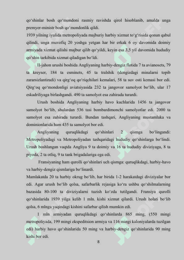Yevropa va amerika davlatlari ikkinchi jahon urushi yillarida 8