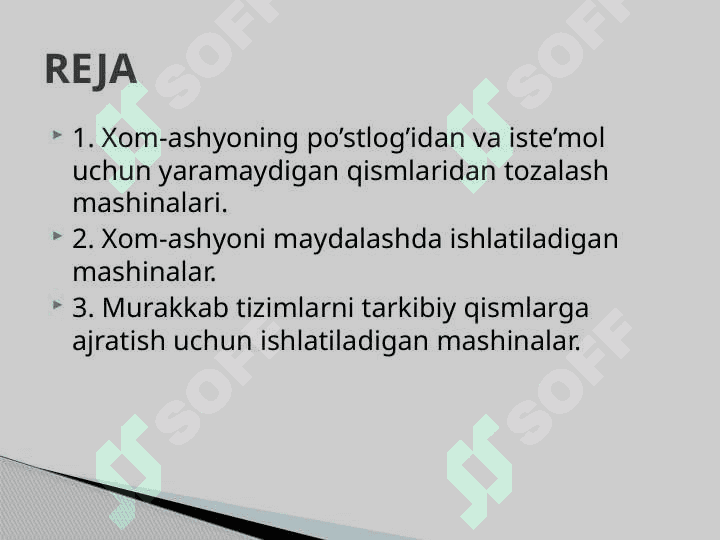 XOM-ASHYONING PO’STLОG’IDAN VA ISTE’MOL UCHUN YARAMAYDIGAN QISMLARIDAN TOZALASH MASHINALARI. XOM-ASHYONI MAYDALASHDA ISHLATILADIGAN MASHINALAR. MURAKKAB TIZIMLARNI TARKIBIY QISMLARGA AJRATISH UCHUN 2