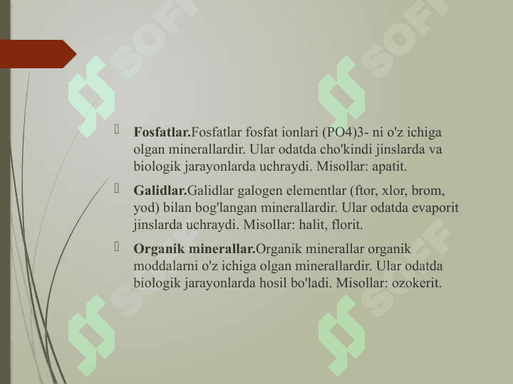 Minerallarning kimyoviy tarkibi bo’yicha turlari 7