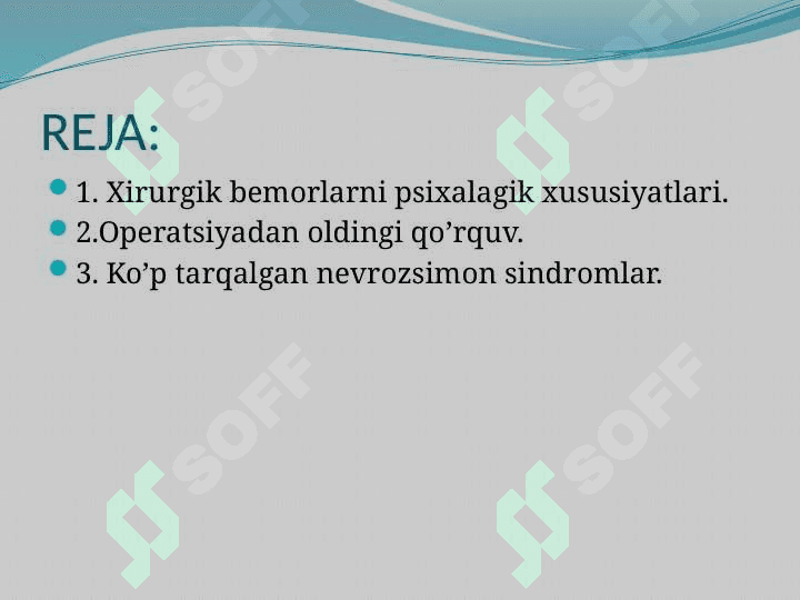 Bemor bolaning  ruxiy xolati tushkunlik ,shok,qo’rku,g’am-anduh,hayajon xolatlarida shifokorning tutgan o’rni. 2