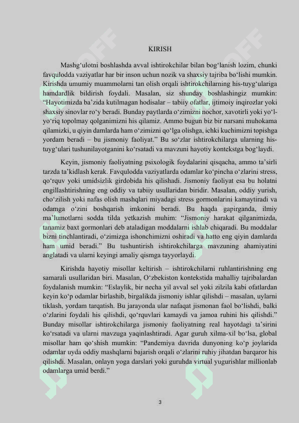 Mavzu: “Favqulotda vaziyatlarda jismoniy faollikning psixologik foydalari” kurs ishi 3