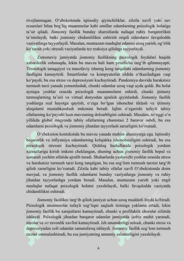 Mavzu: “Favqulotda vaziyatlarda jismoniy faollikning psixologik foydalari” kurs ishi 6