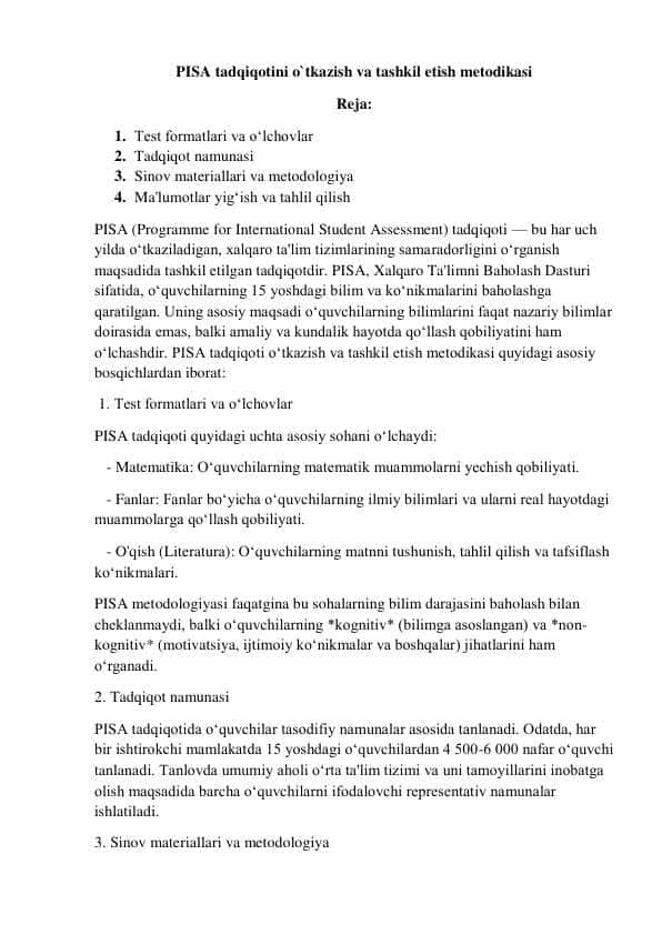 PISA tadqiqotini o'tkazish