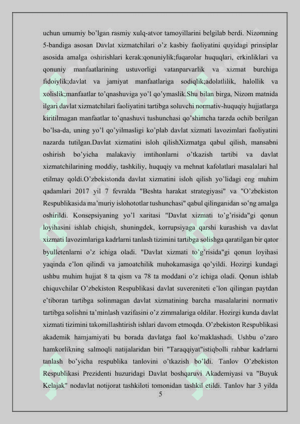 O’zbekistonda davlat hokimiyati va boshqaruvni demokratiyalashtirish jarayonlarining o’ziga xosligi 5