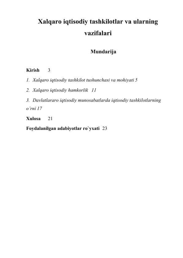 Xalqaro iqtisodiy tashkilotlar va ularning vazifalari