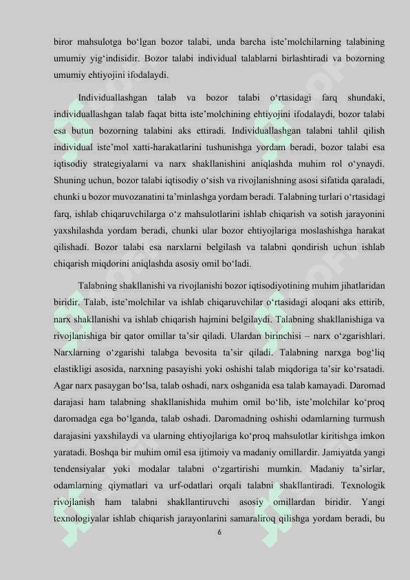 Talab  tushunchasi. Industrial va bozor talabi, talab miqdorining o’zgarishi 6