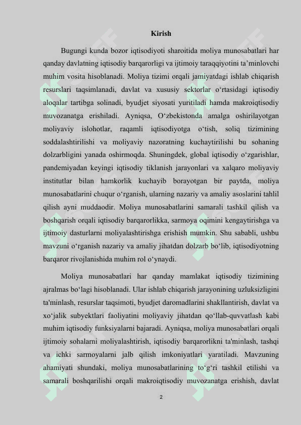 Moliya munosabatlari kurs ishi 2
