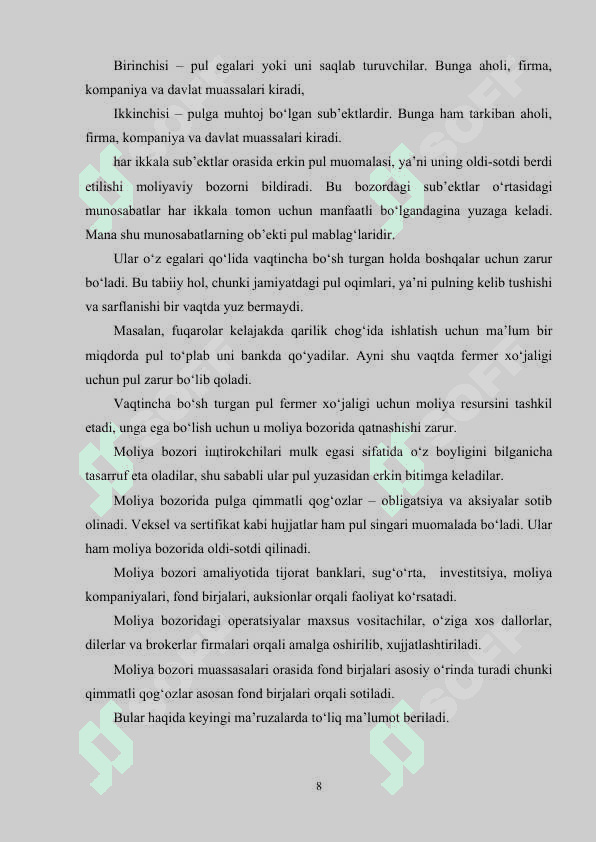 DAVLATNING MOLIYA BOZORINI TARTIBGA SOLISHDAGI O'RNI 8