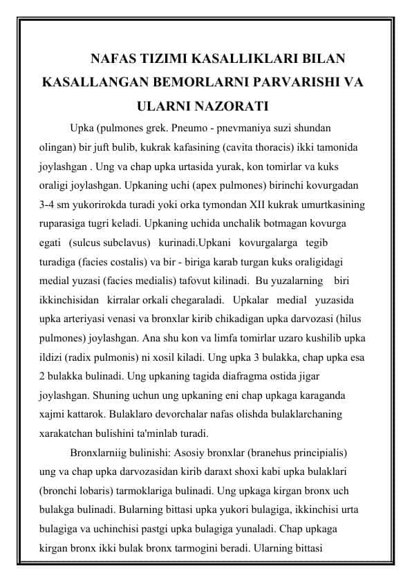 NAFAS TIZIMI KASALLIKLARI BILAN KASALLANGAN BEMORLARNI PARVARISHI VA ULARNI NAZORATI
