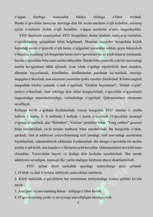 SAVOD O‘RGATISH DARSLARIDA SINFDAN TASHQARI O‘QISH MASHGULOTLARINI O‘TKAZISH METODIKASI 8