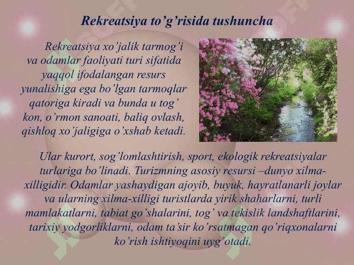 Rekreatsiya resurslaridan unumli foydalanish va ularni muhofaza qilish 2