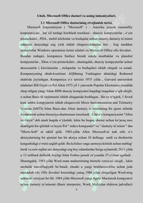 Microsoft office dasturini o’qitish metodikasi kurs ishi 5