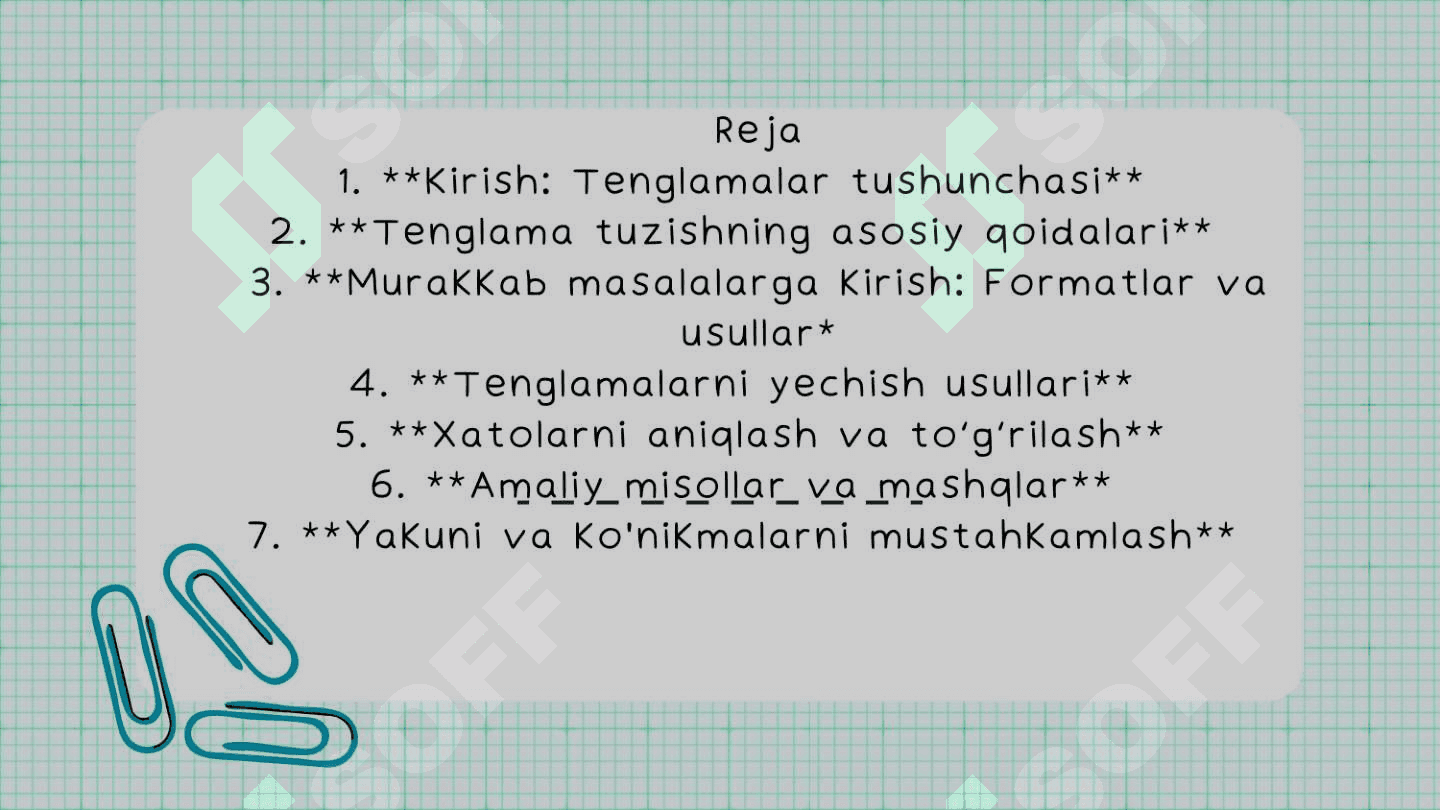 Bir oʻzgaruvchili tenglamalar bilan yechiladigan murakkab masalalarni yechish oʻrganish. 2