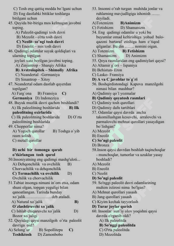 6-sinf Tarix fanidan test savollari to'plami. 4