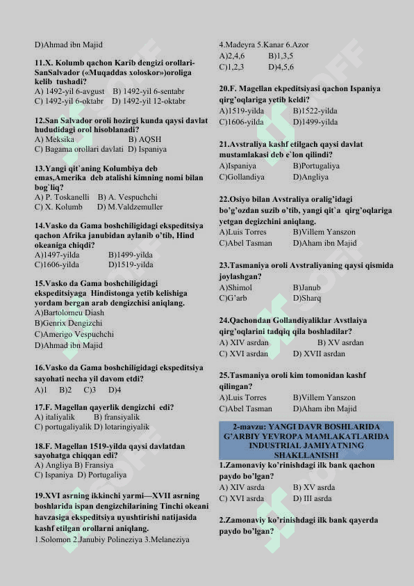 8-sinf Jahon tarixi mavzulashtirilgan testlar 3