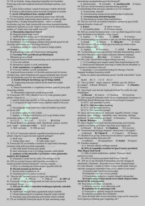 9-sinf Jahon tarixi test savollari to'plami 6