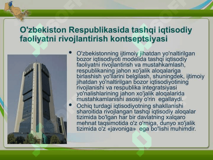 O’zbekistonda tashqi iqtisodiy aloqalarining ustuvor yo’nalishlariO’zbekistonda tashqi iqtisodiy aloqalarining ustuvor yo’nalishlari 7