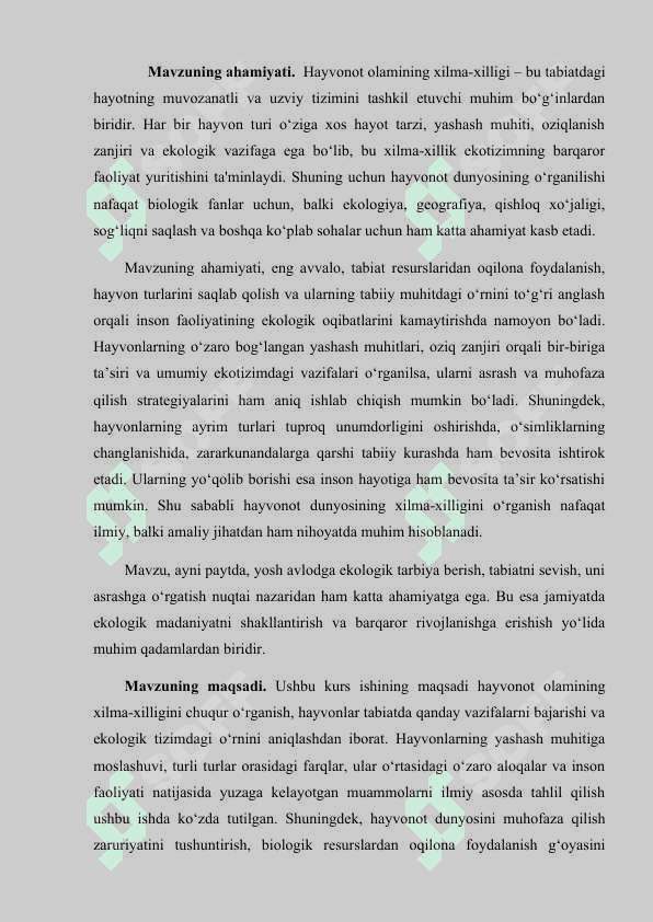 Hayvonot olamining xilma-xilligi va uning tabiatda tutgan oʻrni 4