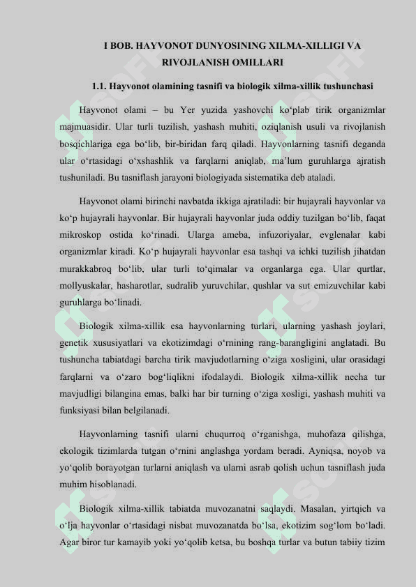 Hayvonot olamining xilma-xilligi va uning tabiatda tutgan oʻrni 6