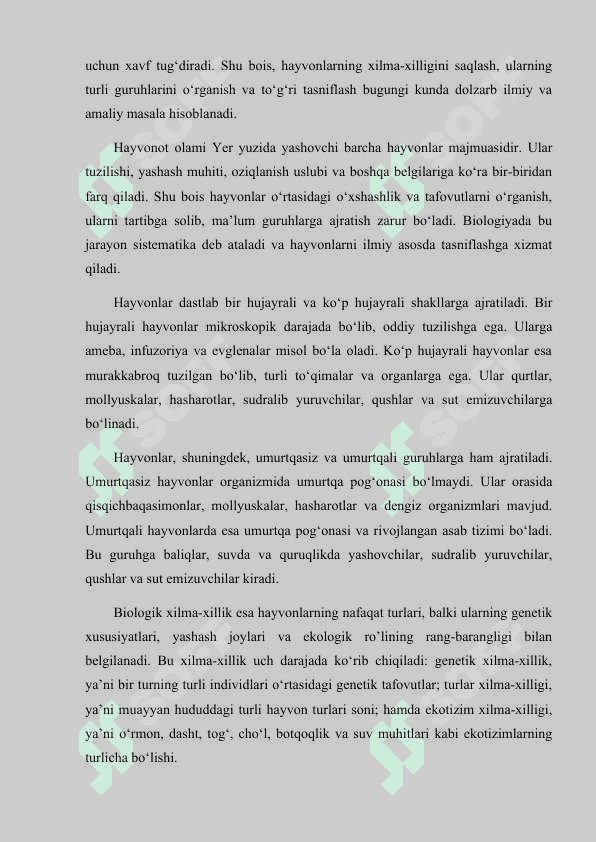 Hayvonot olamining xilma-xilligi va uning tabiatda tutgan oʻrni 7