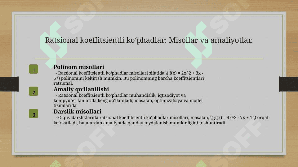 Ratsional koeffitsienti koʻphadlar. Algebraik sonlar maydoni 5