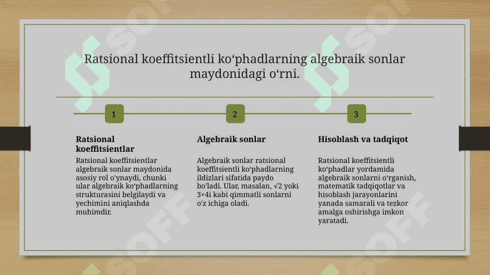 Ratsional koeffitsienti koʻphadlar. Algebraik sonlar maydoni 7